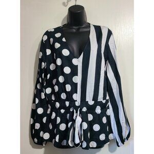 NY&C New York & Company Black White Striped Dotted Long Sleeve Top Size L